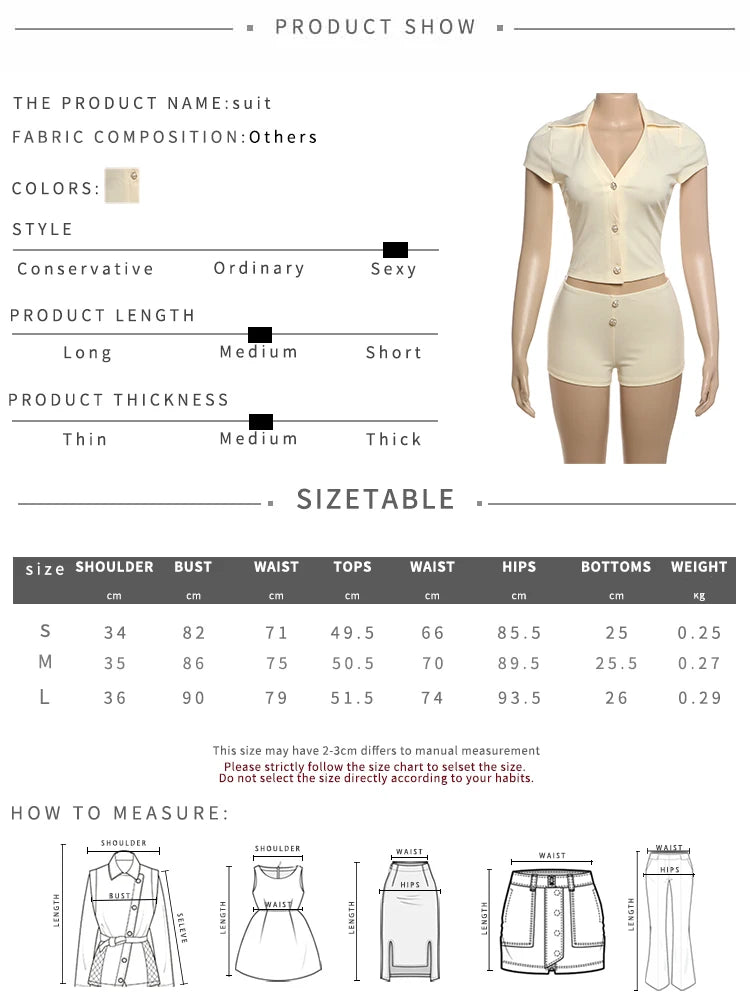 Simple 2 Piece Set Women Lapel Neck Single-Breasted Crop Tops + Bottom Skinny Shorts Daily Casual Home Comfortable Suit