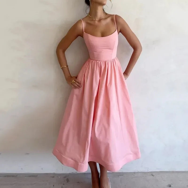 U-neck Summer Women's Dress Vintage Elegant Sleeveless Camisole Slim Pleated Sundress Loose Host A Performance Party Long Dress