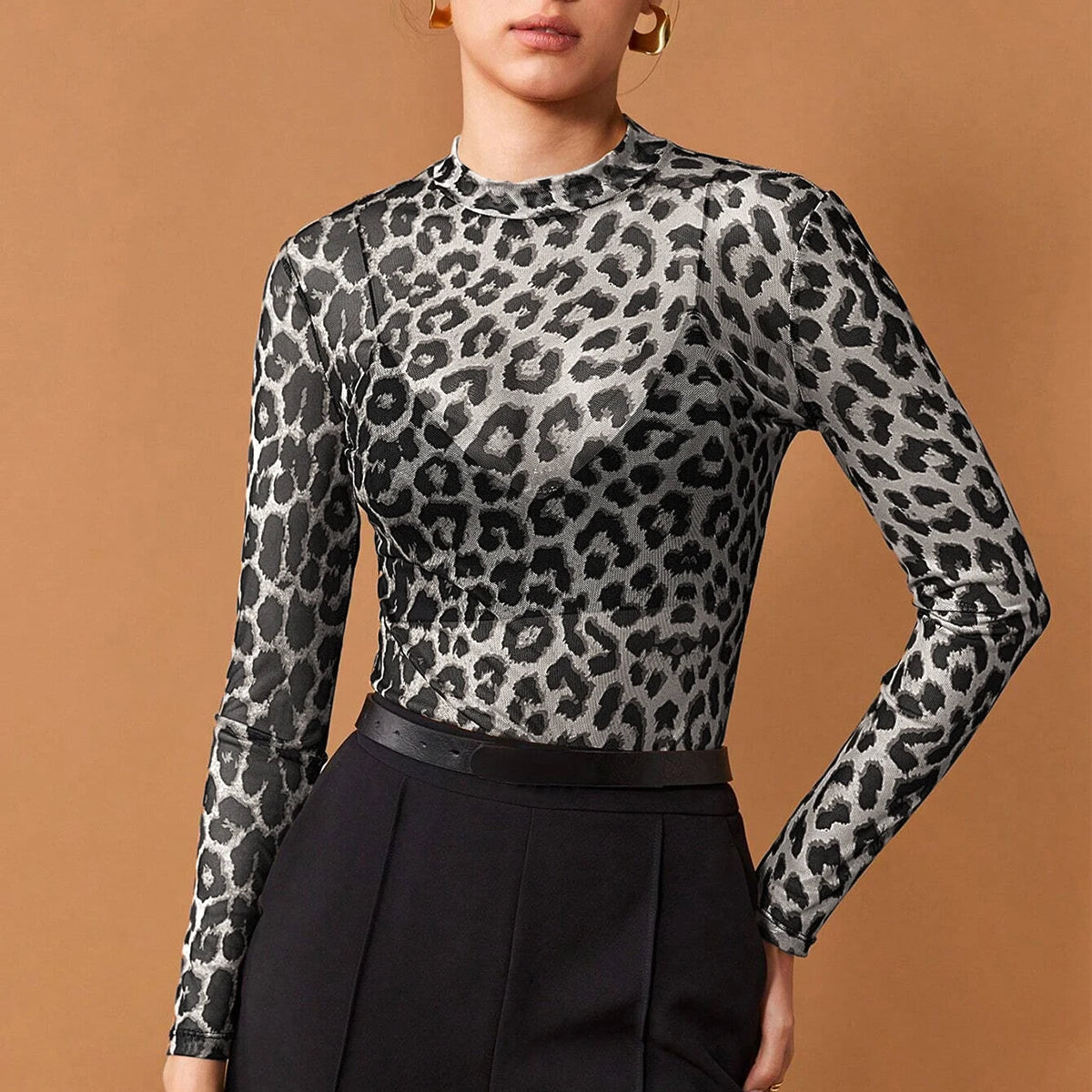 Women's T-Shirts Autumn Daily Basic Leopard Mesh Long Sleeve Crew Neck Fashion High Street T-Shirts
