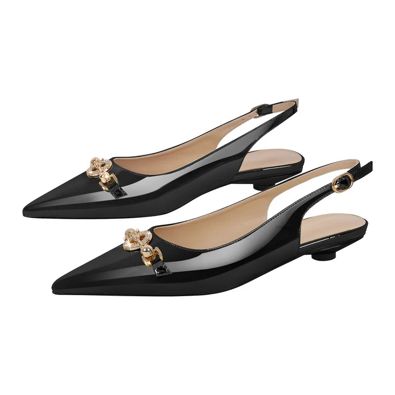 Women Pointed Toe Slingback Sandals Big Size Patent Leather Ankle Strap Party Dress Shoes