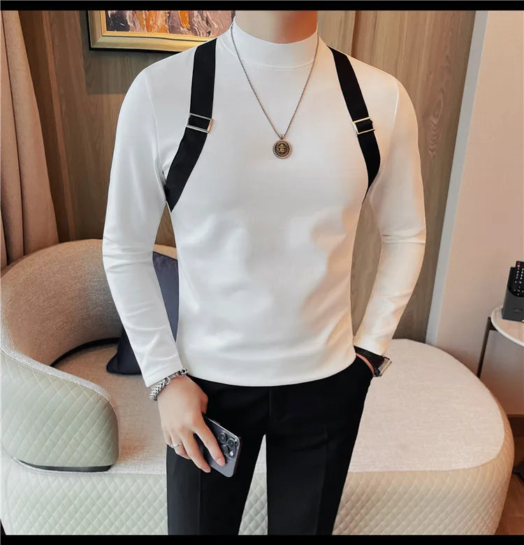 Men's Strap Long-Sleeved T-shirt For Autumn and Winter, Slim Fit Half Turtleneck Bottoming Shirt, Fashion City Knitwear