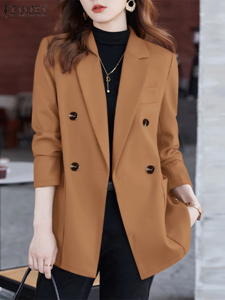 Casual Women Blazer Solid Office Lady Commute 2025 Spring Thin Jackets Lapel Neck Double-Breasted Long Sleeve Blazer