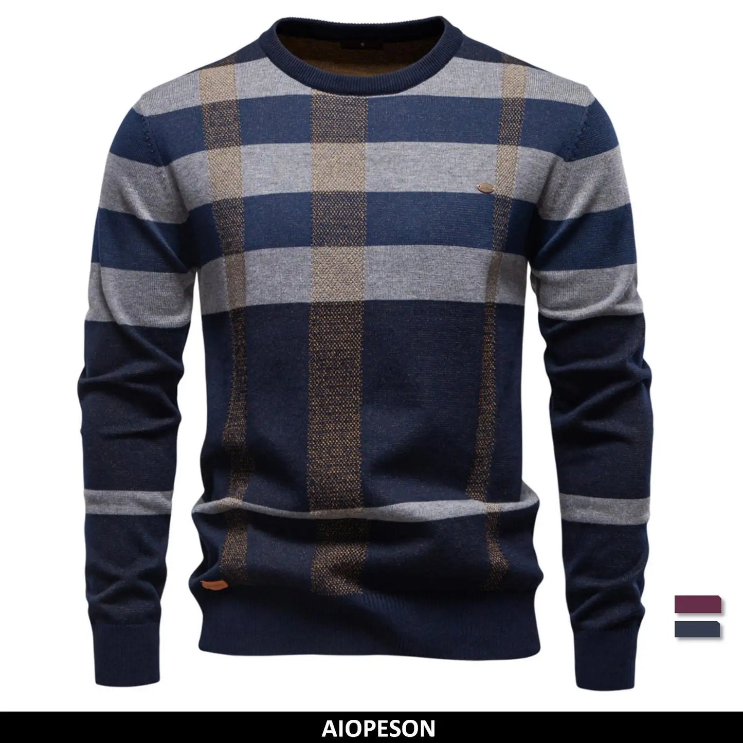 Men's Contrast Colour Sweater Striped Crewneck Pullover Warm Knitted Cotton Blend Luxury Winter Male Sweater