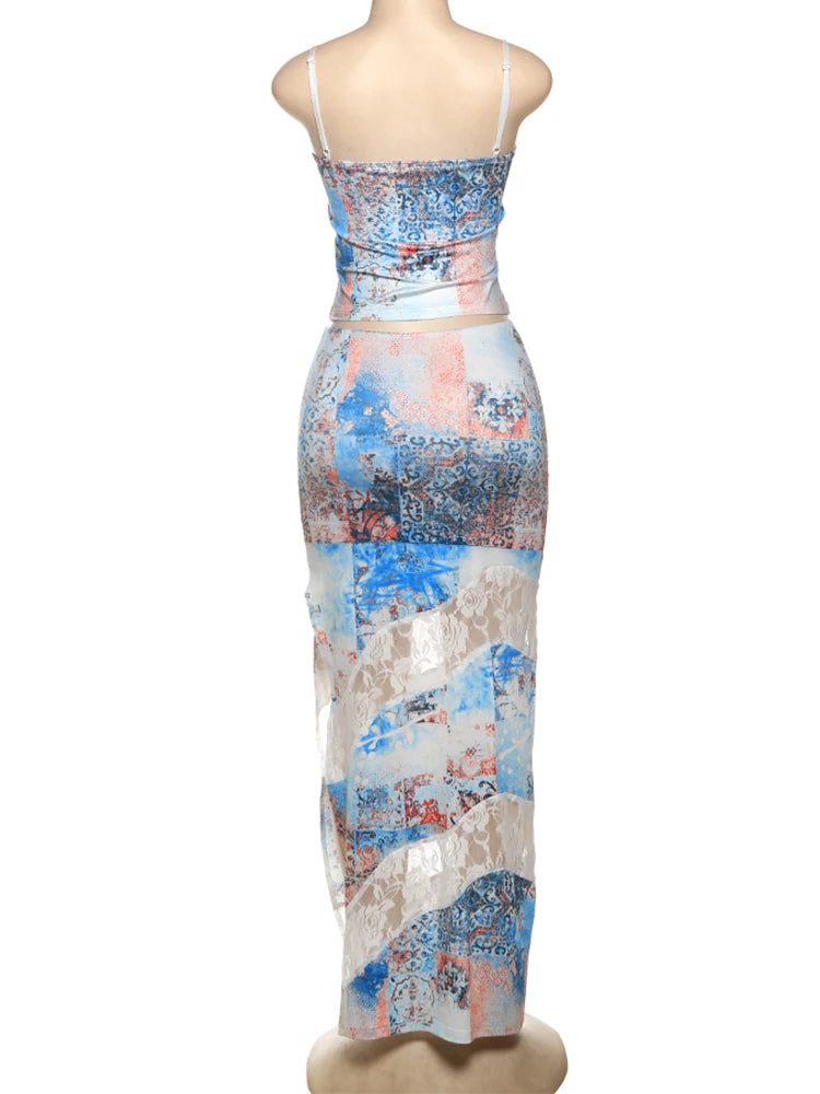 Colourful Fashion Print 2 Piece Set Women Sexy Backless Camisole + Mesh Patchwork Long Skirts Vacation Streetwear Outfits