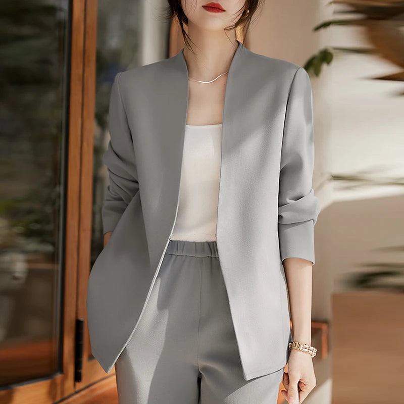 2025 Autumn Lightweight Blazer for Woman V-Neck Long Sleeve Solid Colour Casual Suit Coats Korean Fashion Office Wear