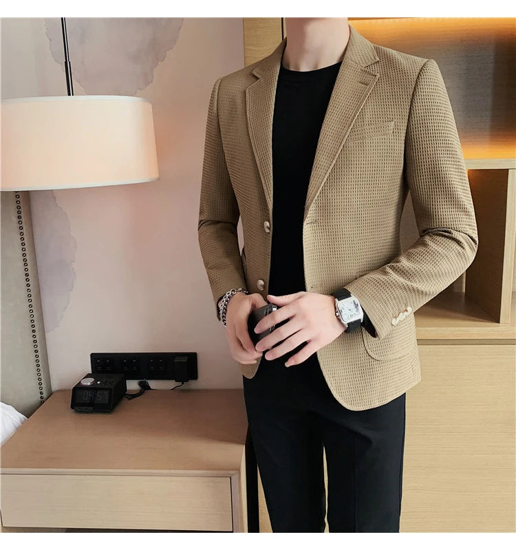 Men’s Waffle Plaid Blazer Coat, Hounds-Tooth Pattern, Wool-Blend Overcoat for Autumn & Winter - Lightweight, Stretchable
