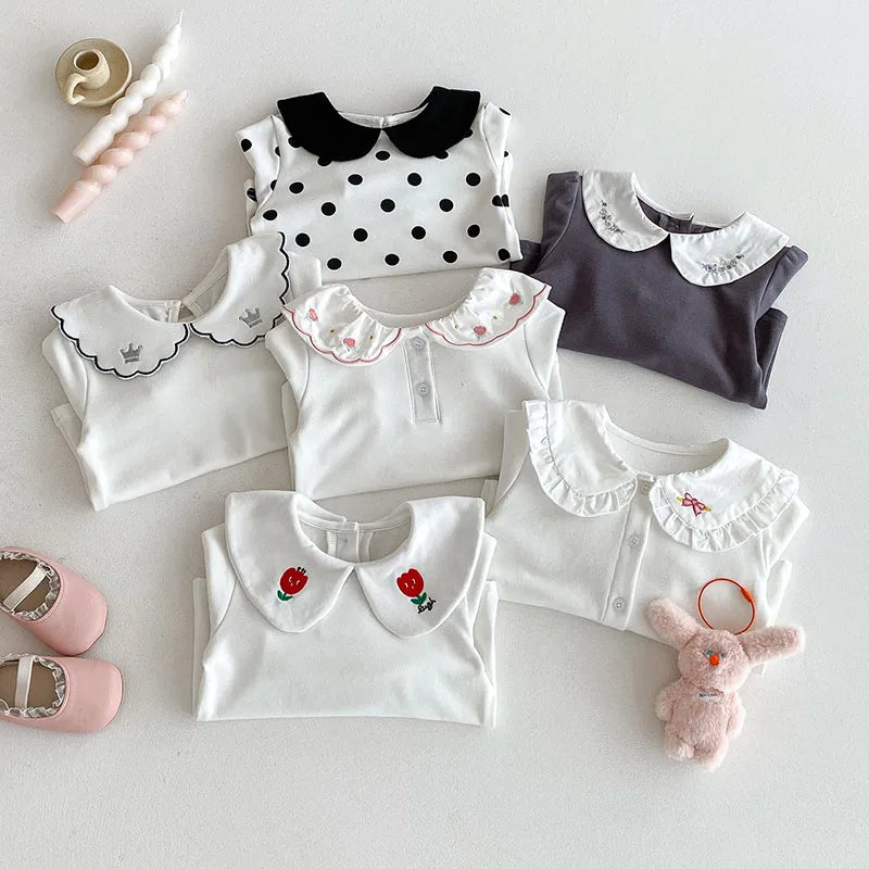 Herfst Baby Onderhemdjes Zoete Borduurwerk Bloem Strik Baby Meisjes Bottoming Shirt Peuter Dunne Kleding Tops 0-3T Meisjes