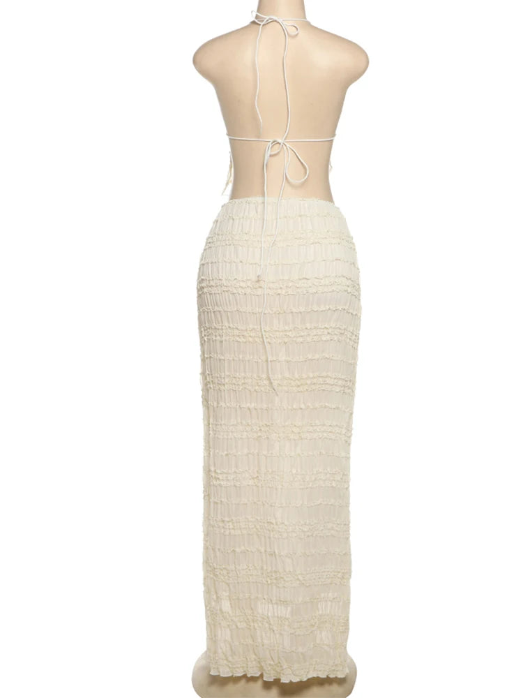 Sexy See-Through 2 Piece Set Women Lace-Up Halter Backless Crop Tops + Ruched Elegant Skirts Vacation Beach Party Suits