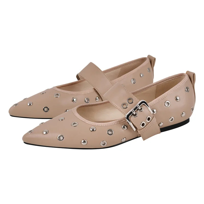 Women Pointed Toe Flats Comfortable Buckle Strap Mary Jane Studded Shoes