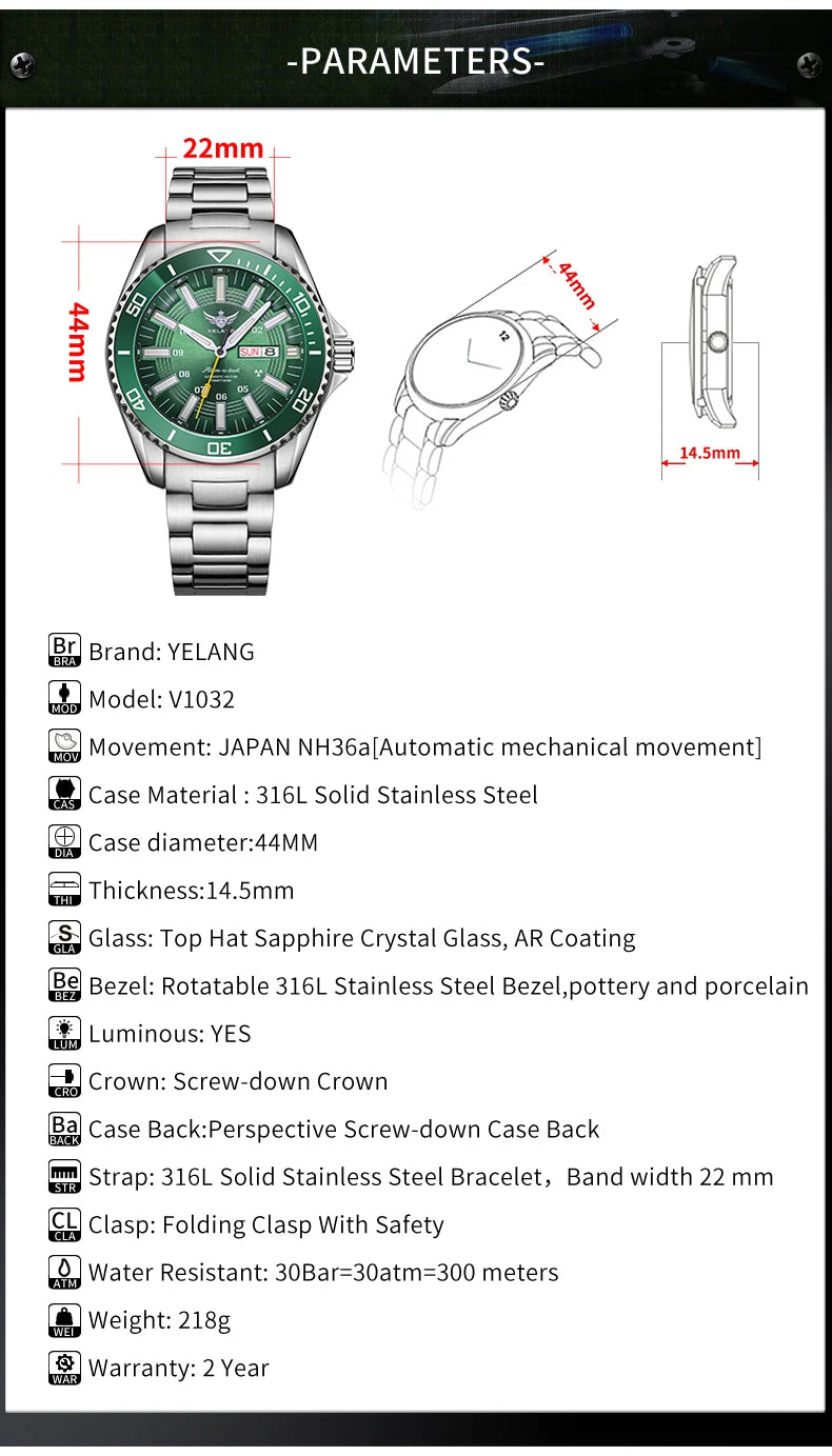 Yelang V1032 Automatic Movement Men Watch 300m 30Bar Waterproof Dive Watches for Man Luminous 44MM V1032