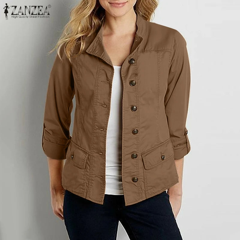 Fashion OL Jackets Woman Long Sleeve Stand Collar Outerwear Autumn Vintage Party Work Wear Female Elegant Button UP Coats