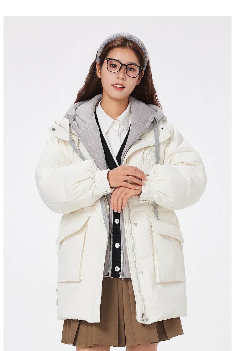 Women's Faux Two-Piece Mid-Length Puffer Jacket With Cosy Polar Fleece Lining, Hooded Warmth Loose Duck Down Coats For Ladies