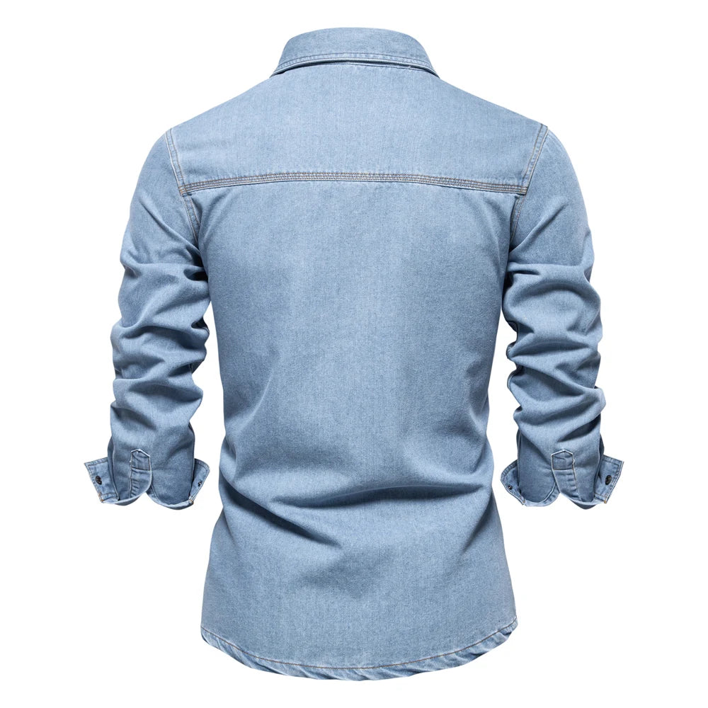 Men's 100% Cotton Denim Shirts Double Pocket Casual Cowboy Shirts Long Sleeve Autumn Jeans Shirts for Men