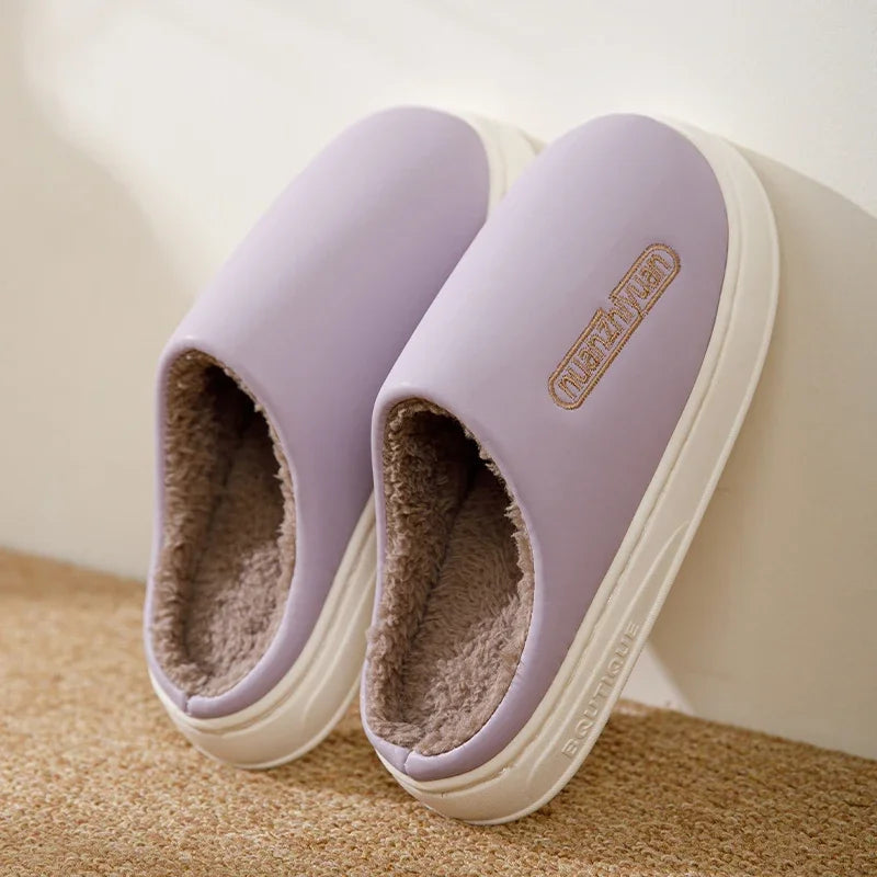 Unisex Anti-slip Waterproof Winter Cotton Slippers Women Men Home Indoor Warm House Shoes Couple Soft Flat PVC Sole Footwear