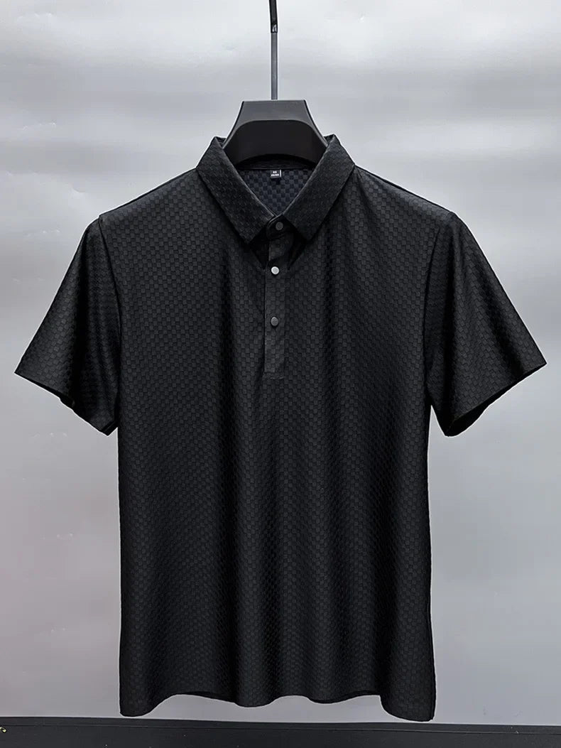Men's Summer Luxury and Fashionable Casual Waffle Short Sleeve Polo Shirt, Lapel, Ice Silk, and High-End Breathable T-Shirt