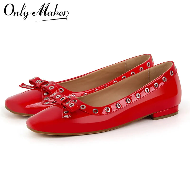 Women Flats Square Toe Butterfly-knot Patent Leather Strap Retro Elegant Big Size Slip On Daily Flats