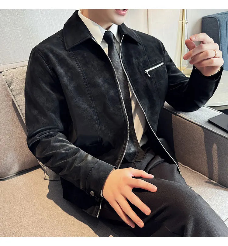 Men's Suede Casual Jacket, Lapel Fashionable Jacket, High-Grade Zipper Decorations, Business Casual Warm Male Coat