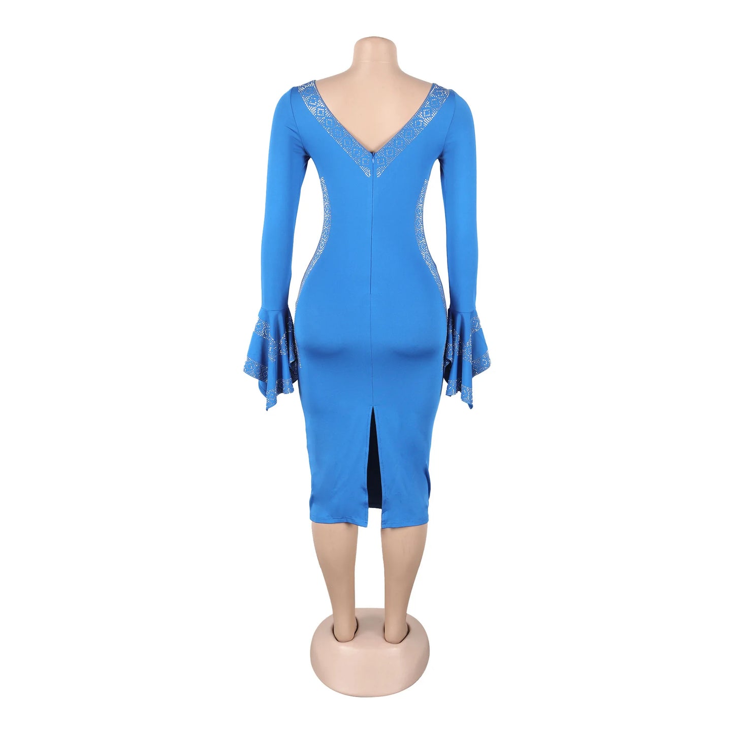 Women's Casual Solid Color V Neck Flare Sleeve Rhinestone Decor Backless Midi Pencil Dress