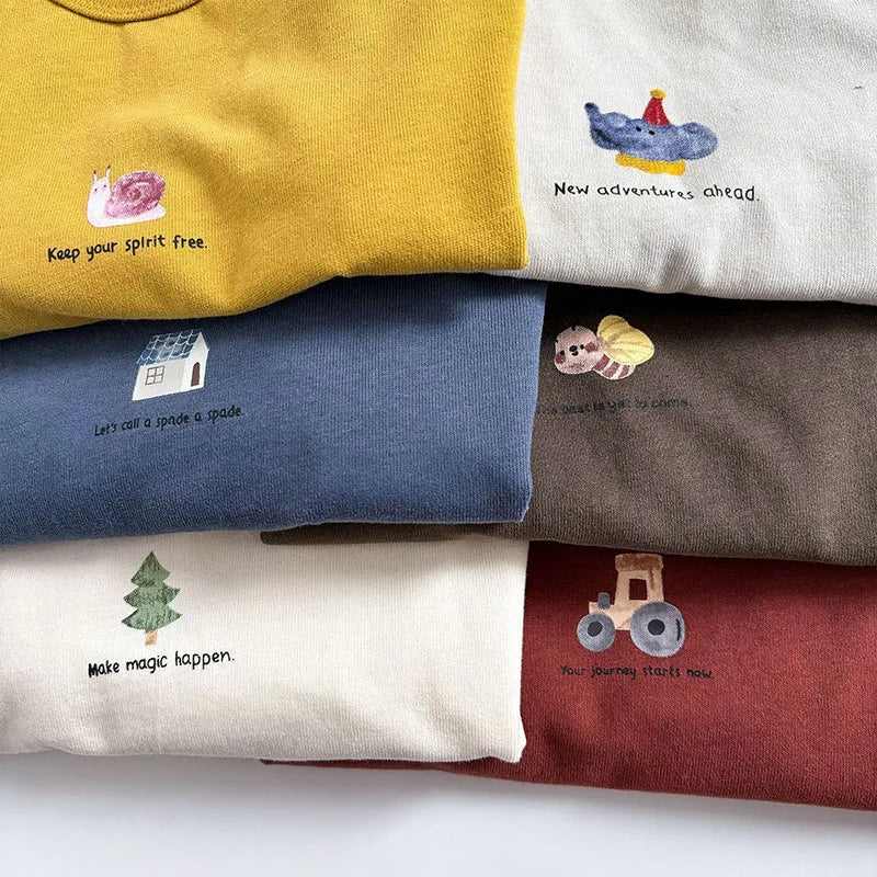 New Spring Kids Thin Style T-shirt Children Cartoon Animal Undershirts Girls Boys Outwear Tops 1-5T Unisex
