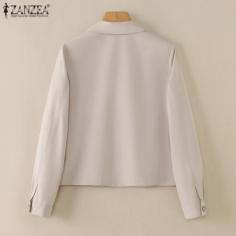 Women Daily Outerwear Long Sleeve Work Wear Casual Solid Colour Coats Button Up 2025 Spring Turn-down Collar Thin Jackets