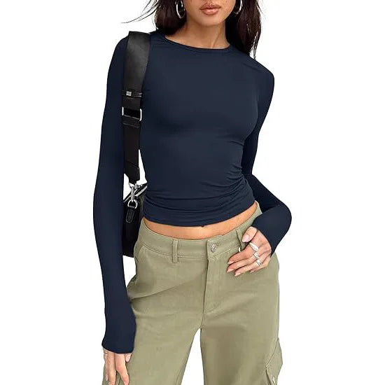 Fashion Senior Women's Long Sleeve Crew Neck Solid Slim Fit T-shirt Crop Top Ladies Daily Streetwear Casual Tee