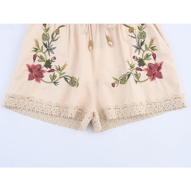 Women's Floral Embroidery Casual Shorts with Elastic Waist And Drawstrings Middle Age Polyester Shorts Summer 2025 Collection
