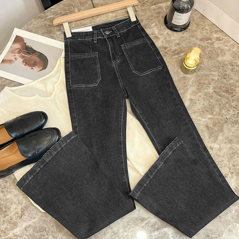New Women's High Waist Washed Jeans Korean Style Pockets Slim Denim Flared Pants Ladies Vintage Stretch Classic Jean Trousers