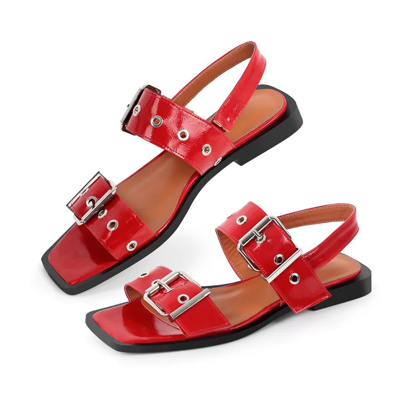 Women Square Toe Buckle Strap Flats Sandals Lady Big Size Summer Punk Retro Mary Jane Slingbacks Sandals