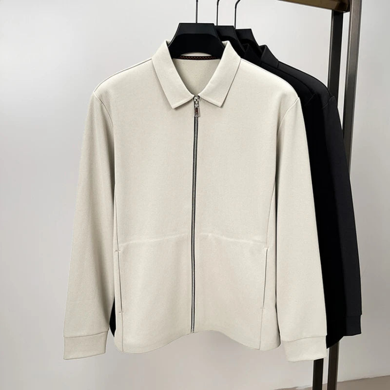 Men's Solid Colour Business Casual Autumn and Winter Jacket, Suitable For Daily Commuting, Stretchy Knitted Zip-Up Male Cardigan