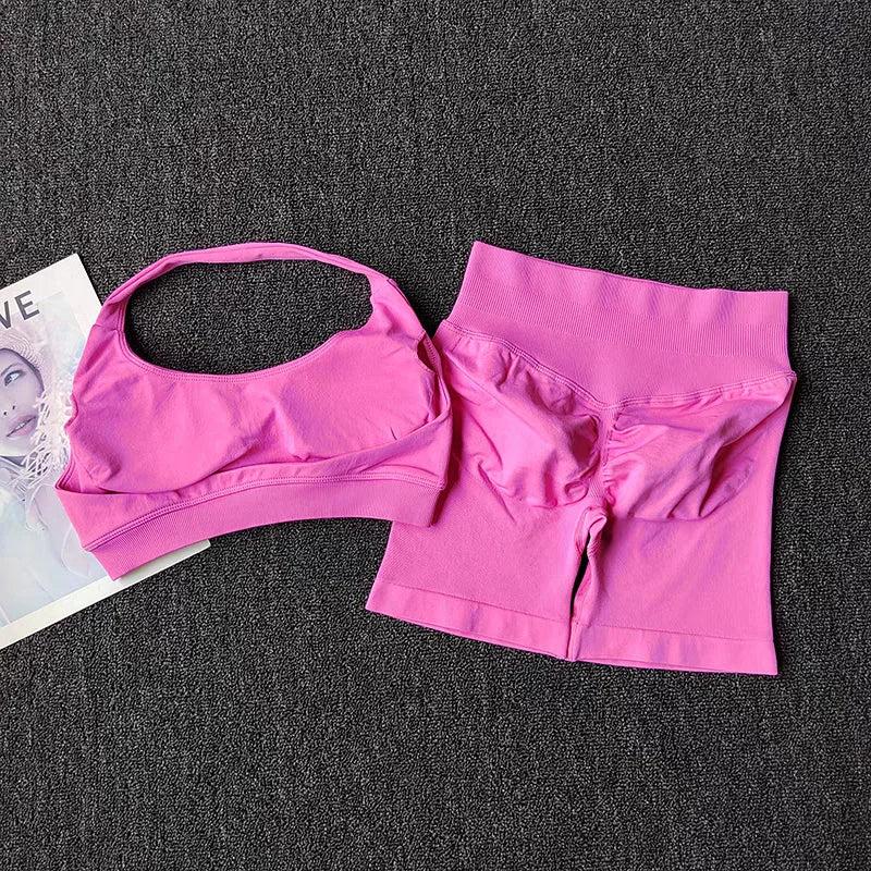 2-delige yogapak voor vrouwen Naadloze fitnesskleding Halter sportbeha Bijpassende impact shorts Trainingssets Gymset Outfit