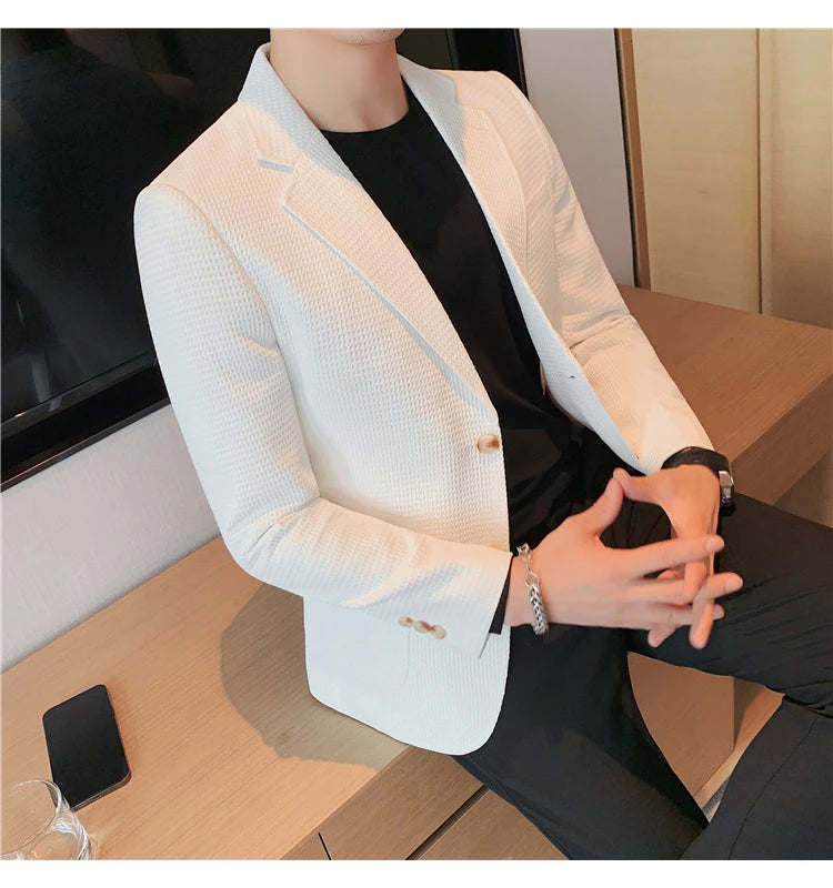 Men’s Waffle Plaid Blazer Coat, Hounds-Tooth Pattern, Wool-Blend Overcoat for Autumn & Winter - Lightweight, Stretchable