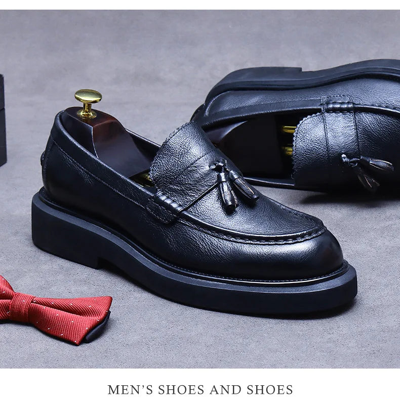 YETTIES Soft Leather Elegant Mens Dress Loafers Shoes Luxury Genuine Leather Tassel Thick Soled Wedding Social Formal Shoes