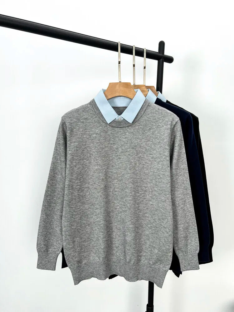 Unisex Knit Sweater Dark Navy False Two-Piece Design Thickened Layered Look With Built-in Collar Soft Touch & Warm Sweater For Men & Women