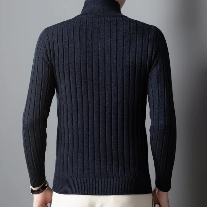 Men's High-Quality Semi-High-Neck, Business Casual Warm Sweater, Stretchy Striped Male Pullover Sizes M-4XL