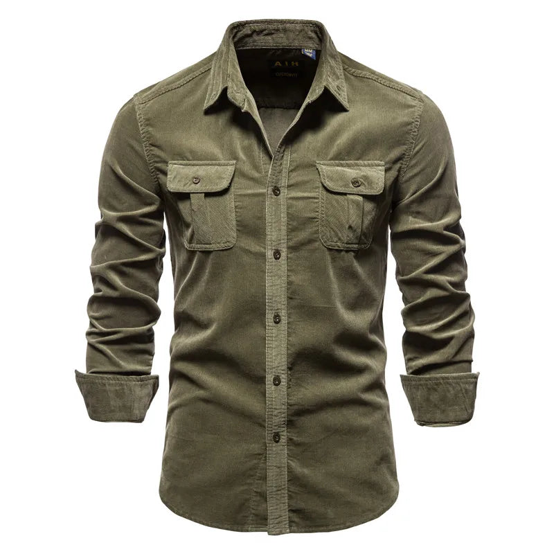 Corduroy 100% Cotton Shirts Men Business Casual Lapel Solid Colour Slim Fit Men's Shirt New Autumn Fashion Shirt for Men