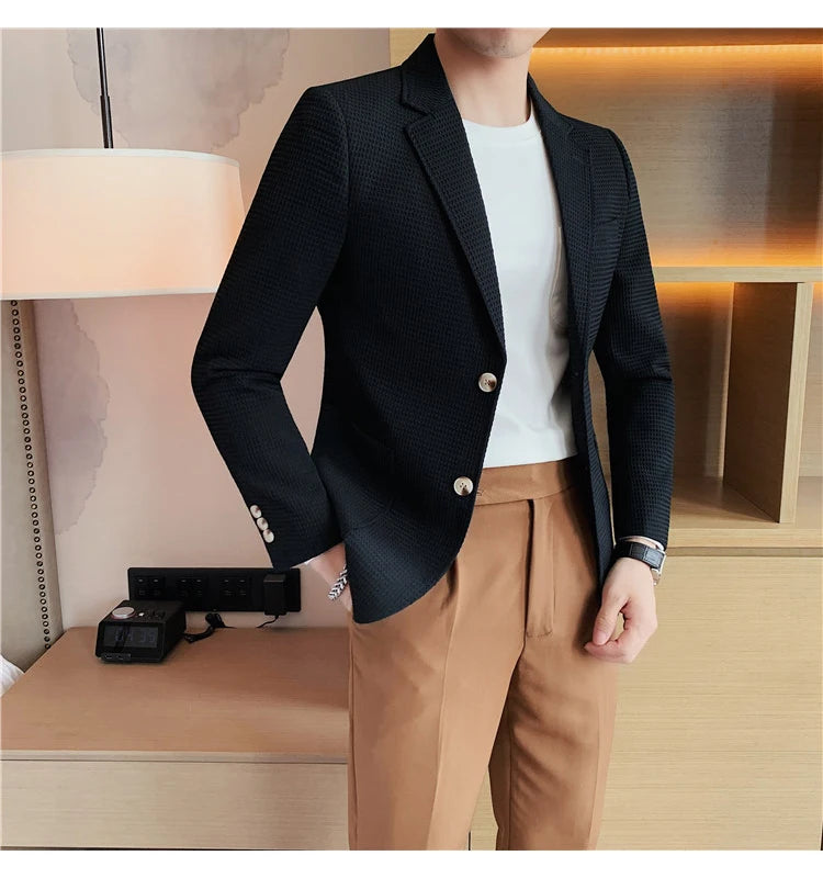Men’s Waffle Plaid Blazer Coat, Hounds-Tooth Pattern, Wool-Blend Overcoat for Autumn & Winter - Lightweight, Stretchable