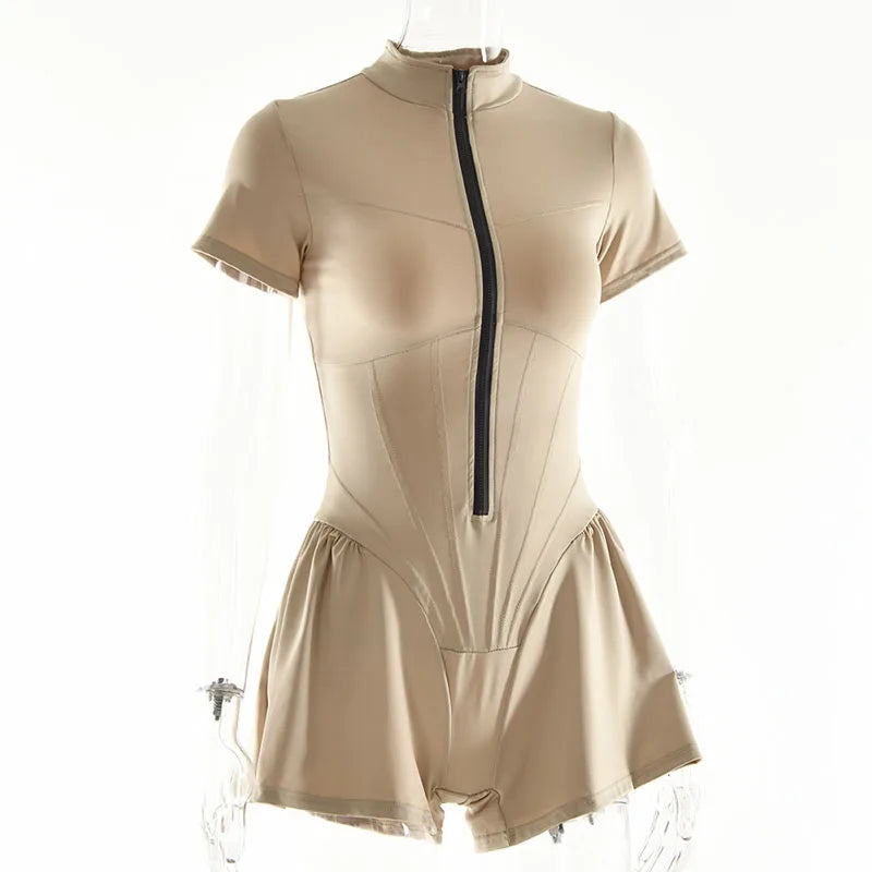 2025 Nieuwe dames jumpsuit effen kleur rits O-hals korte mouwen sport bodysuits dames zomer sexy slanke eendelige playsuits