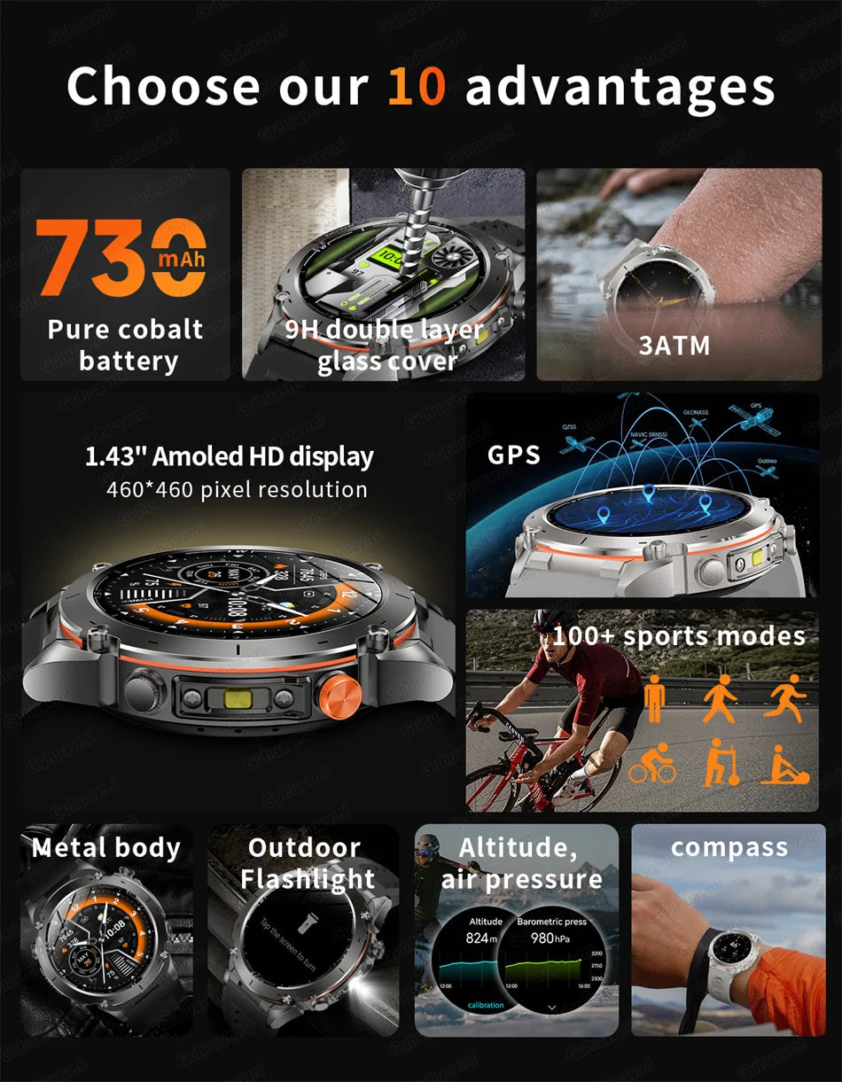 2025 New Rugged Military GPS Smart Watch Built-In GPS Tracker Compass Sports Fitness Tracking Smartwatch - Compatible with HUAWEI & Xiaomi IOS