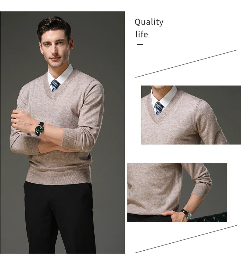 Men's Warm V-Neck Solid Colour Sweater, Autumn & Winter Stretch Top, Daily Leisure Pullover Knitwear, Male Business Casual