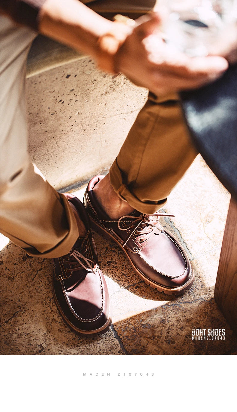Men's Vintage Second-layer Cowhide Boat Shoes Genuine Leather Derby Shoes Round Toe Low Top Boots British Style Work Shoes