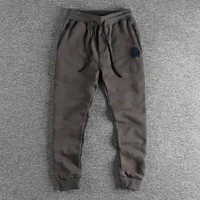 Autumn American Retro Terry Knitted Embroidery Sweatpants Men's Simple Elastic Waist Drawstring Sport Casual Youth Slim Pants
