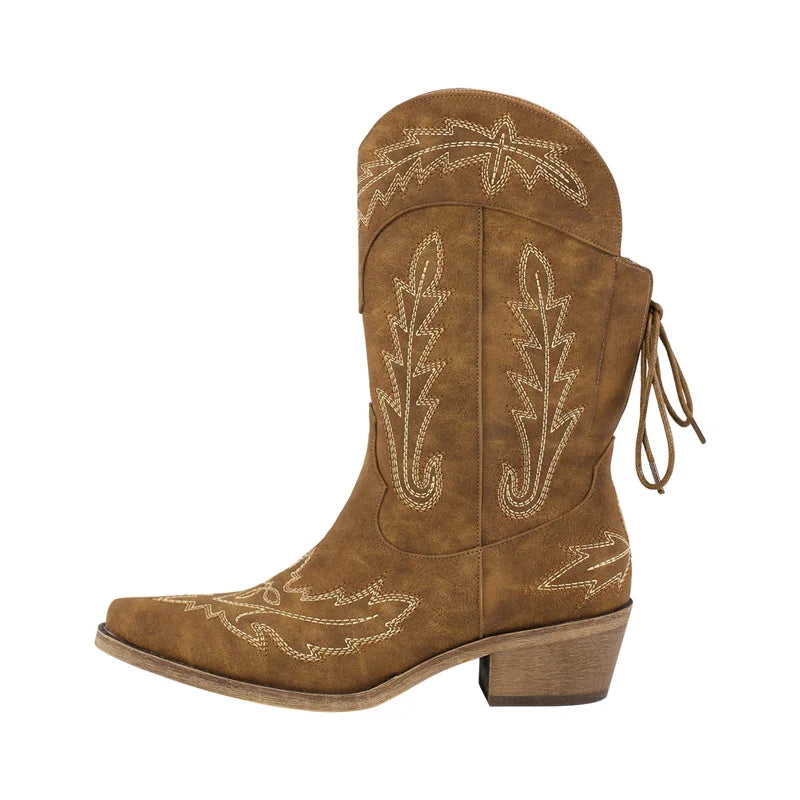 Women Pointed Toe Black Embroidery Western Boots Tapered Heel Round Up Mid-Calf Western Cowgirl Boots