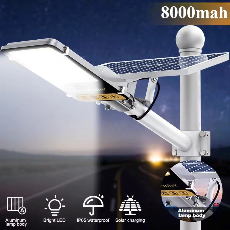 Aluminium 8000mAh krachtige zonne-energie straatverlichting voor buiten, waterdichte straatverlichting voor garage, tuin, terras, wandlamp