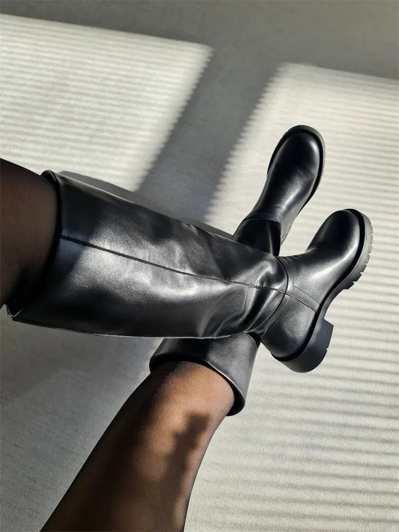 Women Black Matte Knee High Boots High Heeled Winter Warm Woman Fashion Snow Motorcycle Boots