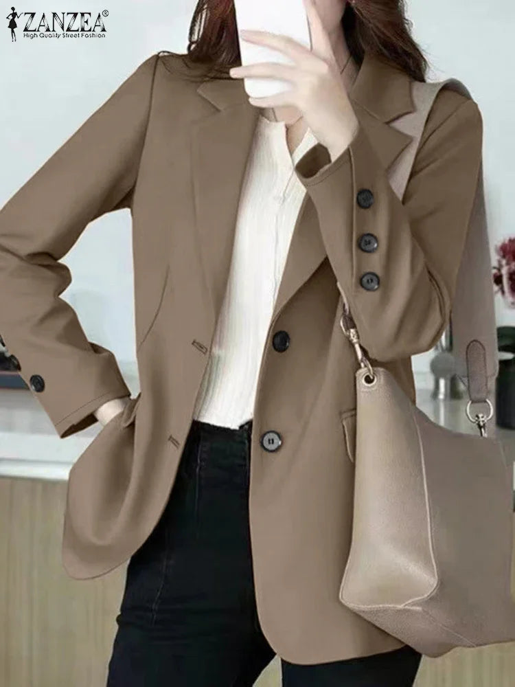 Women's Casual Blazer Elegant Office Lady Long Sleeve Lapel Neck Suit Jackets 2025 Korean Fashion Solid Commute Outerwear