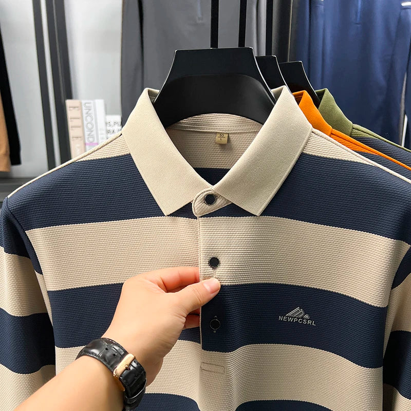Men's Autumn Long Sleeve Polo Shirt Colourful Striped, Stretchy Double-sided Pique Knit Fabric