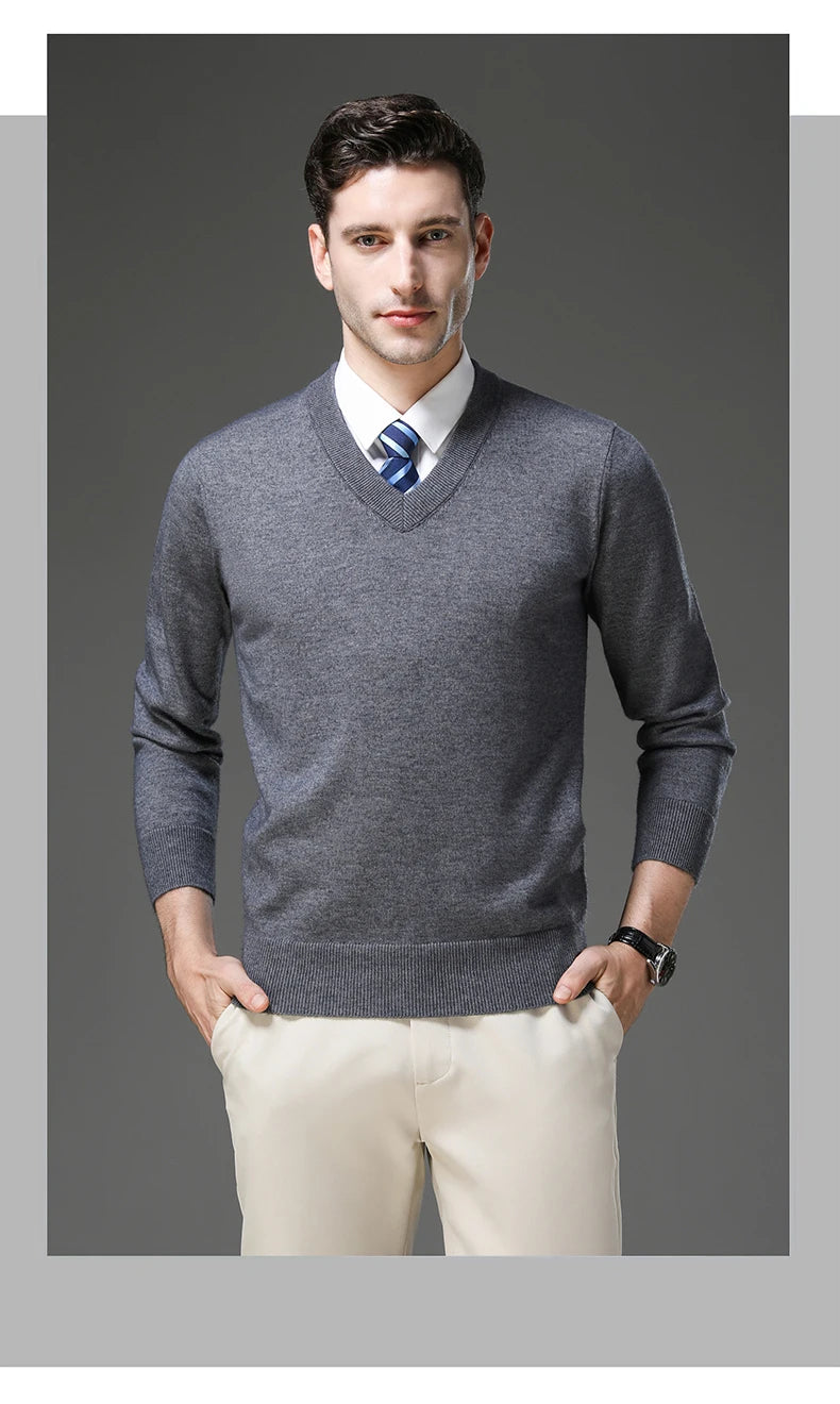 Men's Warm V-Neck Solid Colour Sweater, Autumn & Winter Stretch Top, Daily Leisure Pullover Knitwear, Male Business Casual