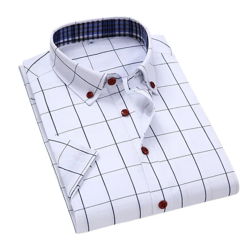 Summer Men Shirts Short Sleeve Plaid Shirt Slim Casual Button Up Dress Shirts Men Big Size M-5XL Anti-wrinkle Soft