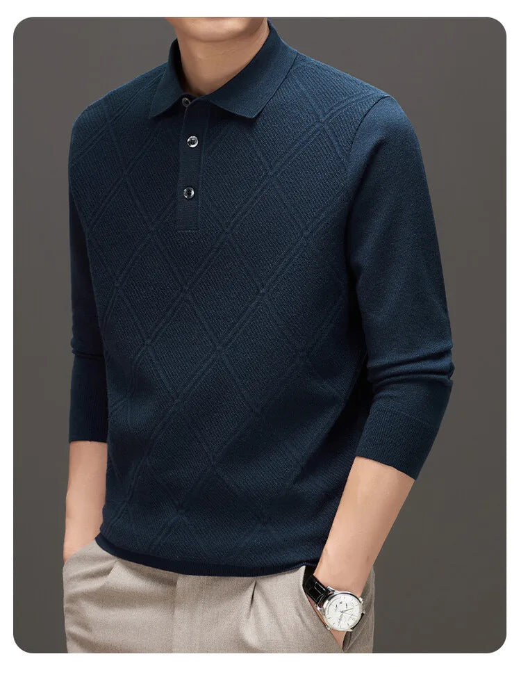 Men's Solid Colour Geometric Pattern Warm Polo, High Quality Woollen Sweater, Suitable For Business Casual & Daily Commute