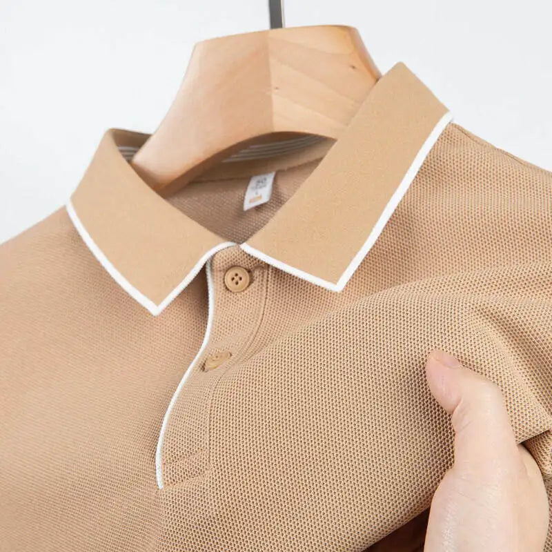 Men's Business Casual Polo Shirt With White Trim Short Sleeve, Classic Collar Design, Breathable, & Male Stylish T-Shirt